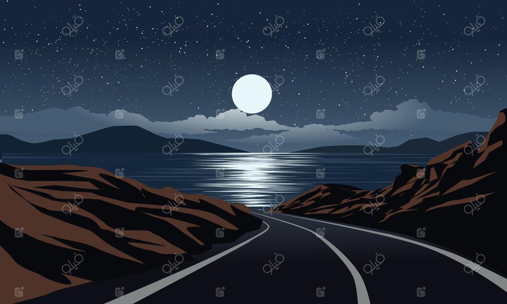 منظره شبانه با دریاچه، جاده، تپه، ماه و ستاره