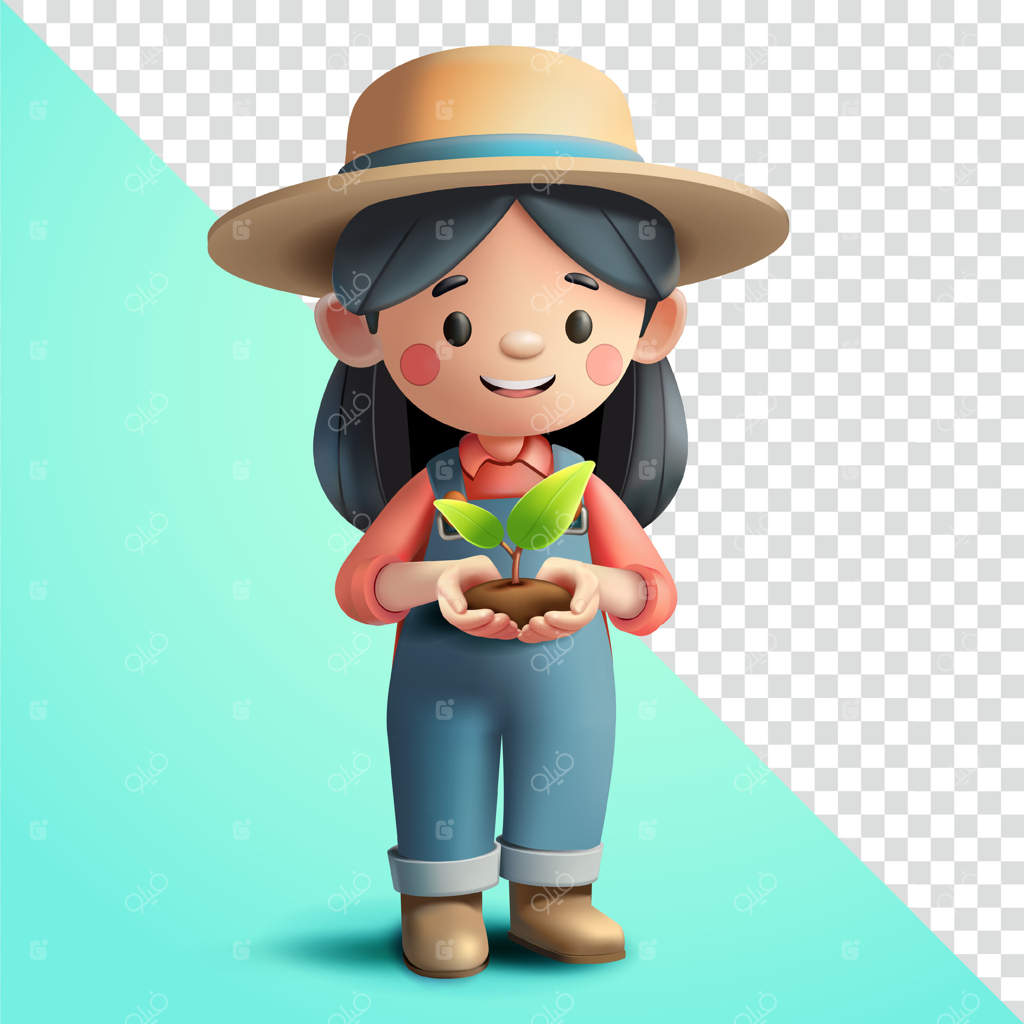 کشاورز زن با دانه‌های کوچک باغچه، سه‌بعدی. مناسب برای مزارع، دامداری و کشاورزی