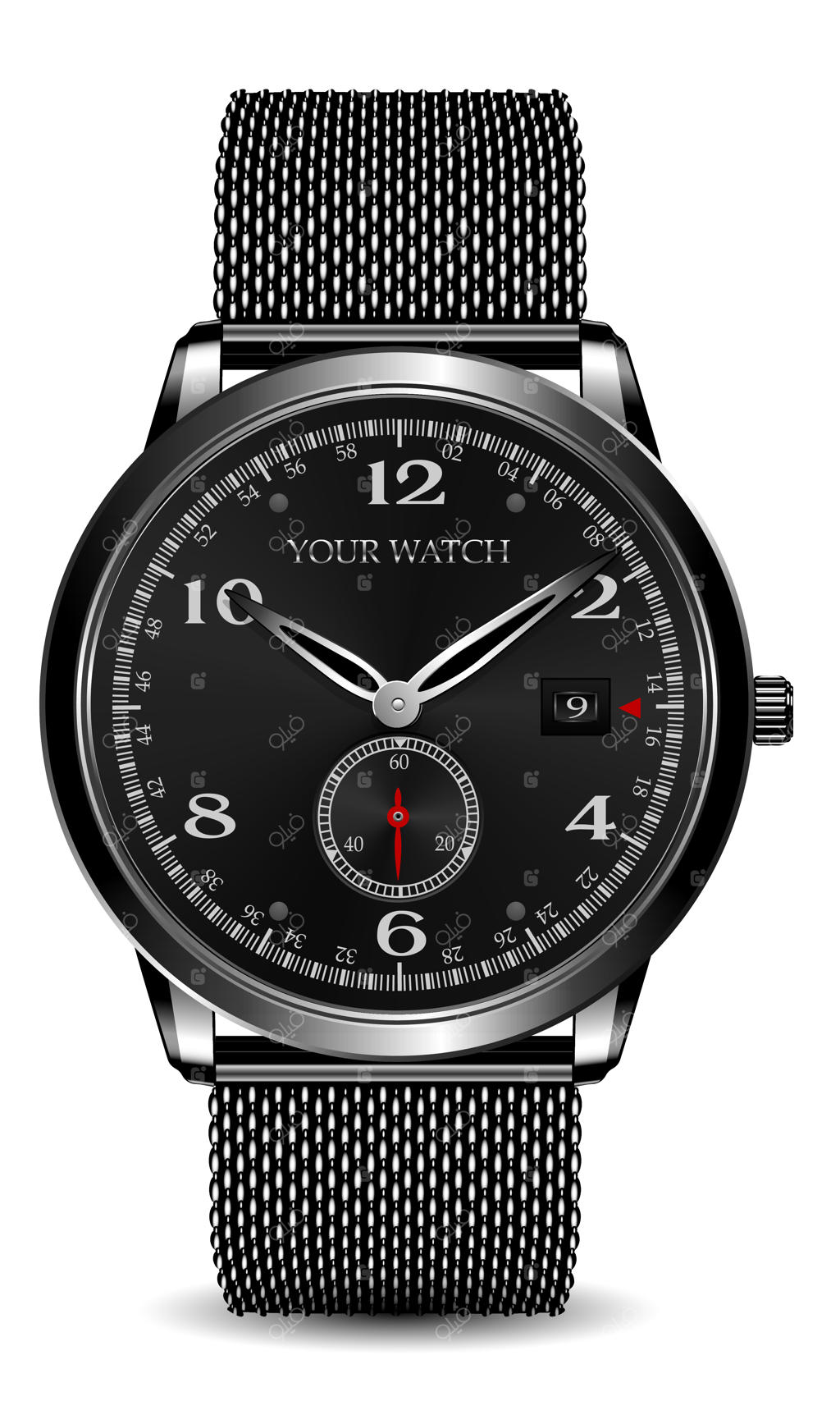 ساعت مچی کرنوگراف لوکس با بدنه استیل ضد زنگ مشکی و طراحی سفید، اعداد خاکستری و عقربه قرمز