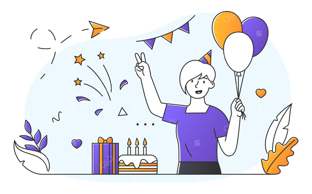 تصویر مفهومی زن جوان شاد با بادکنک و کیک در دست در حال جشن گرفتن