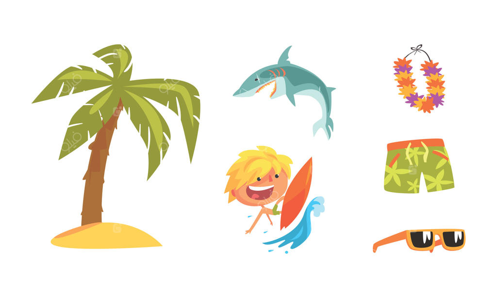 مجموعه موج‌سواری، وسایل تعطیلات تابستانی، درخت نخل، کوسه، عینک آفتابی، شلوارک، حلقه گلی - تصویر کارتونی