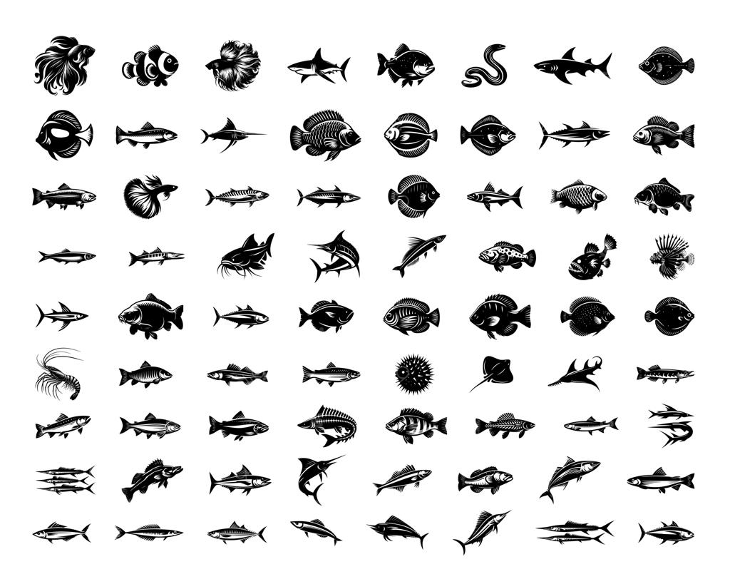 مجموعه تصویرسازی وکتور و طرح‌های سیلوئت ماهی سیاه و سفید