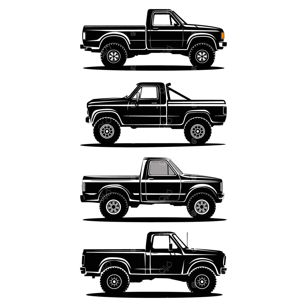 مجموعه‌ای از تصاویر سیاه و سفید نیمرخ وانت‌ها به صورت وکتور