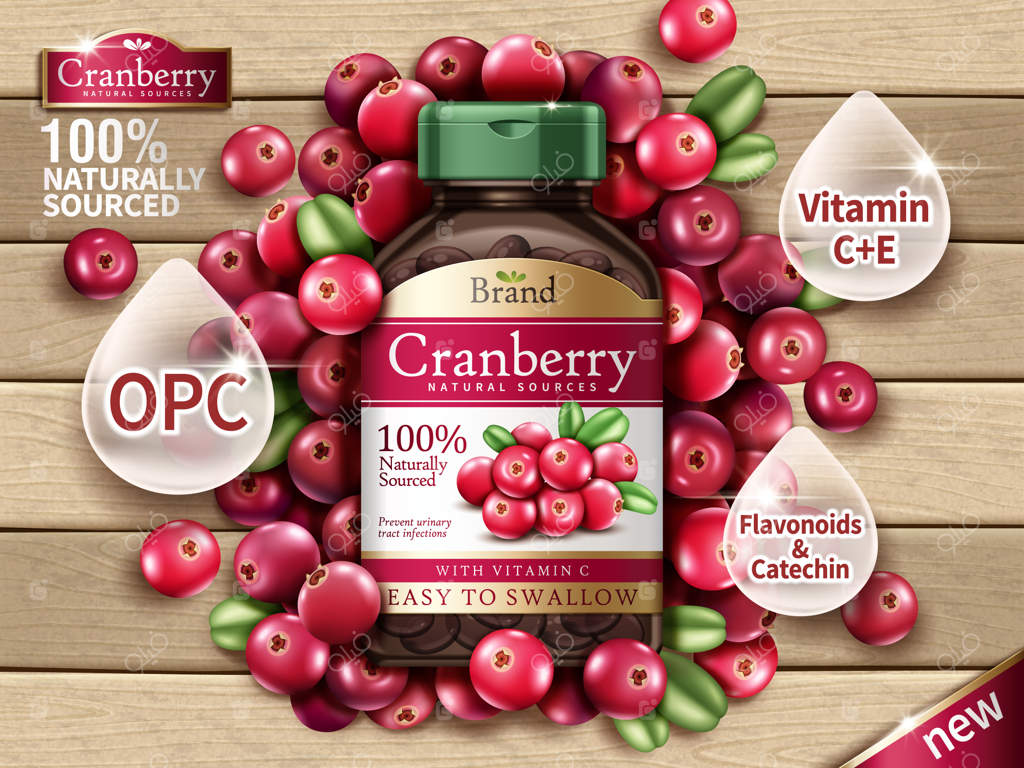 مکمل غذایی کرنبری در بطری، با عناصر کرنبری، تصویر زمینه چوبی