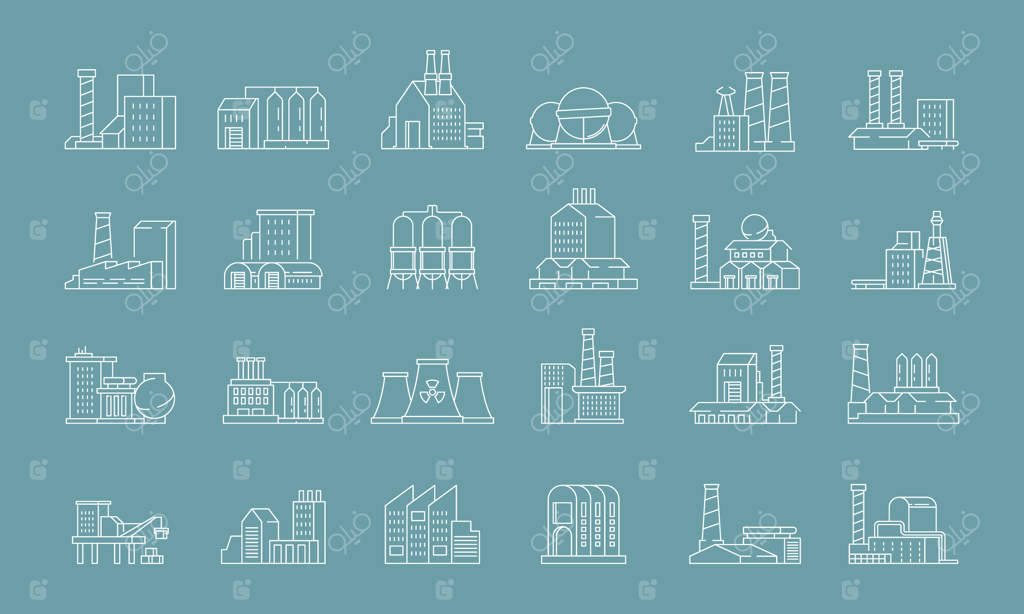 آیکون‌های کارخانه: ساختمان‌های صنعتی، انبارهای مدرن و نشانه‌های برداری رنگارنگ