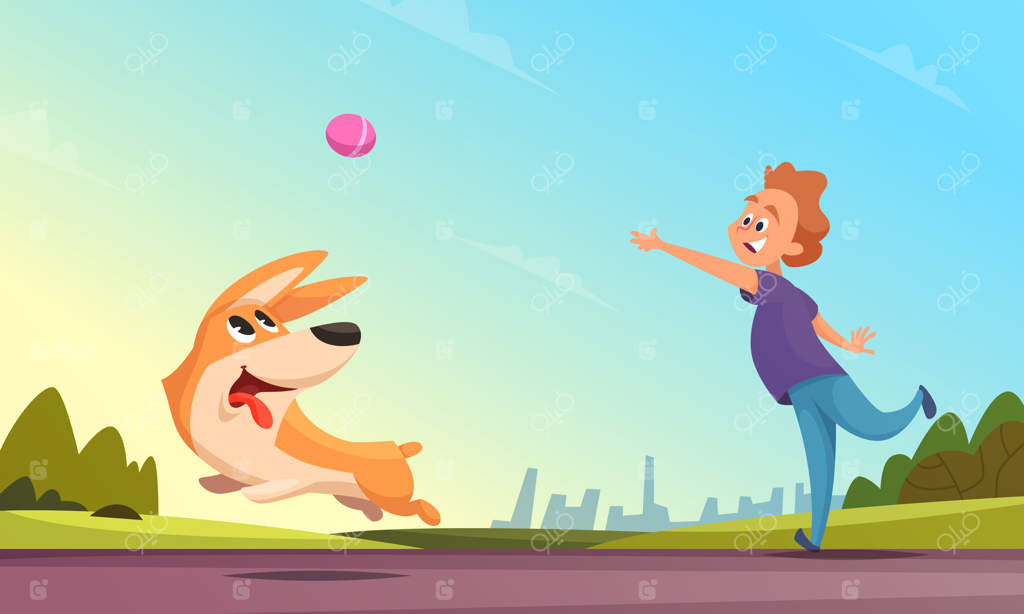 پسر در حال بازی با حیوان خانگی‌اش در پارک شهری.