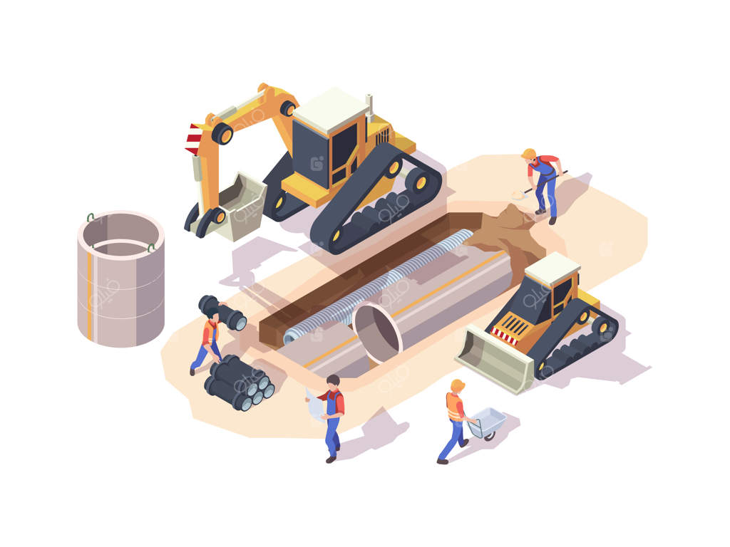 نصب لوله: فرآیندهای نصب لوله‌های فلزی شهری با تصاویر ایزومتریک سه‌بعدی و رنگارنگ. تجهیز خطوط لوله، کار با لوله‌های فلزی.