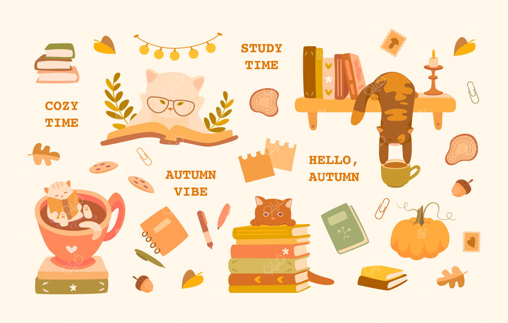 زیبایی پاییز: لحظه‌های دنج با گربه‌ها و کتاب‌ها، برداری حرفه‌ای