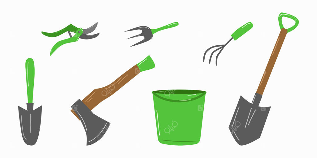 مجموعه ابزار و لوازم باغبانی با پس‌زمینه سفید.