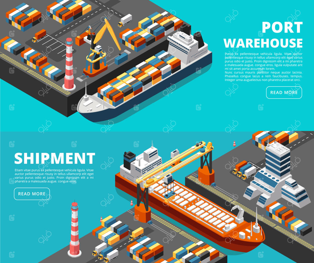حمل و نقل دریایی: بنرهای افقی حمل بار و کشتی‌رانی با بندر ایزومتریک، کشتی‌ها، کانتینرها و جرثقیل