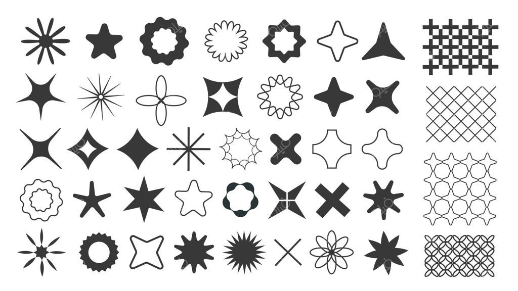 مجموعه عناصر با اشکال هندسی بروتالیستی: شامل خورشید، ستاره، درخشش، پرتو آفتاب، انفجار نور، گل، صلیب و طرح کاشی سیاه و سفید. تصویرسازی.