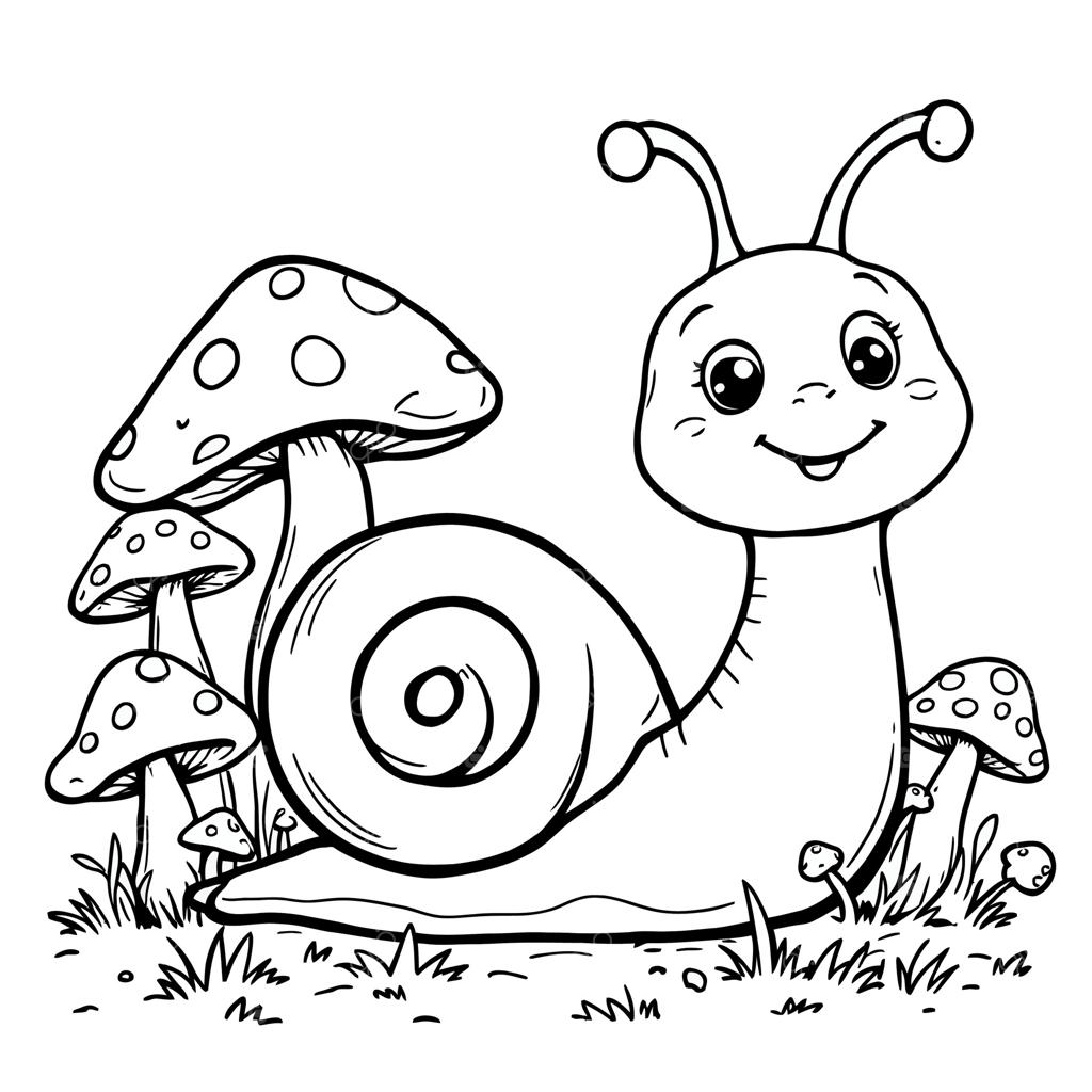 حلزون بامزه و خندان با قارچ‌ها و چمن برای رنگ‌آمیزی جذاب