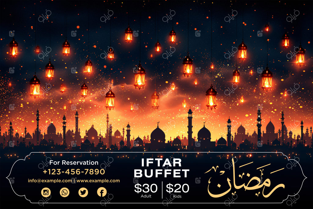 پوستر عمودی افطار ماه رمضان با المان‌های طلایی شیک و نقوش اسلامی