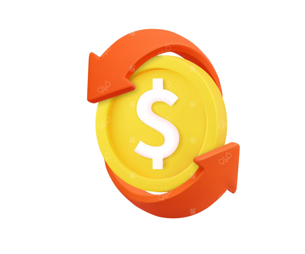 آیکون سکه سه‌بعدی با فلش‌های دایره‌ای