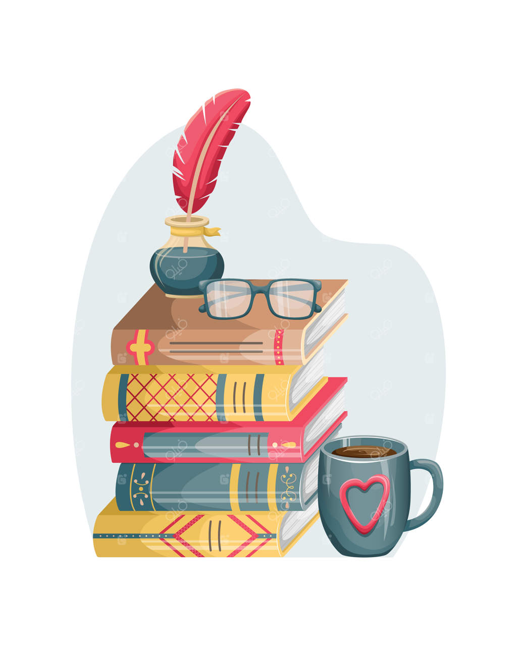 یک دسته کتاب روی میز با یک دوات، عینک و یک فنجان قهوه. کتاب‌ها در دکوراسیون داخلی. آموزش، مطالعه.