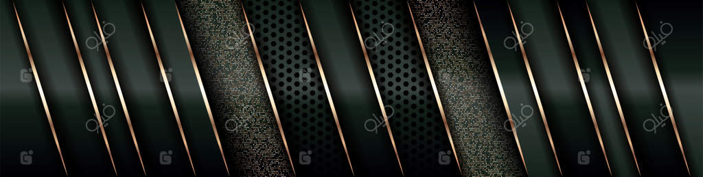 پس‌زمینه لوکس مدرن با لایه‌های همپوشان در رنگ سبز تیره و فضای مشکی سایه‌دار همراه با تزیینات طلایی به سبک انتزاعی