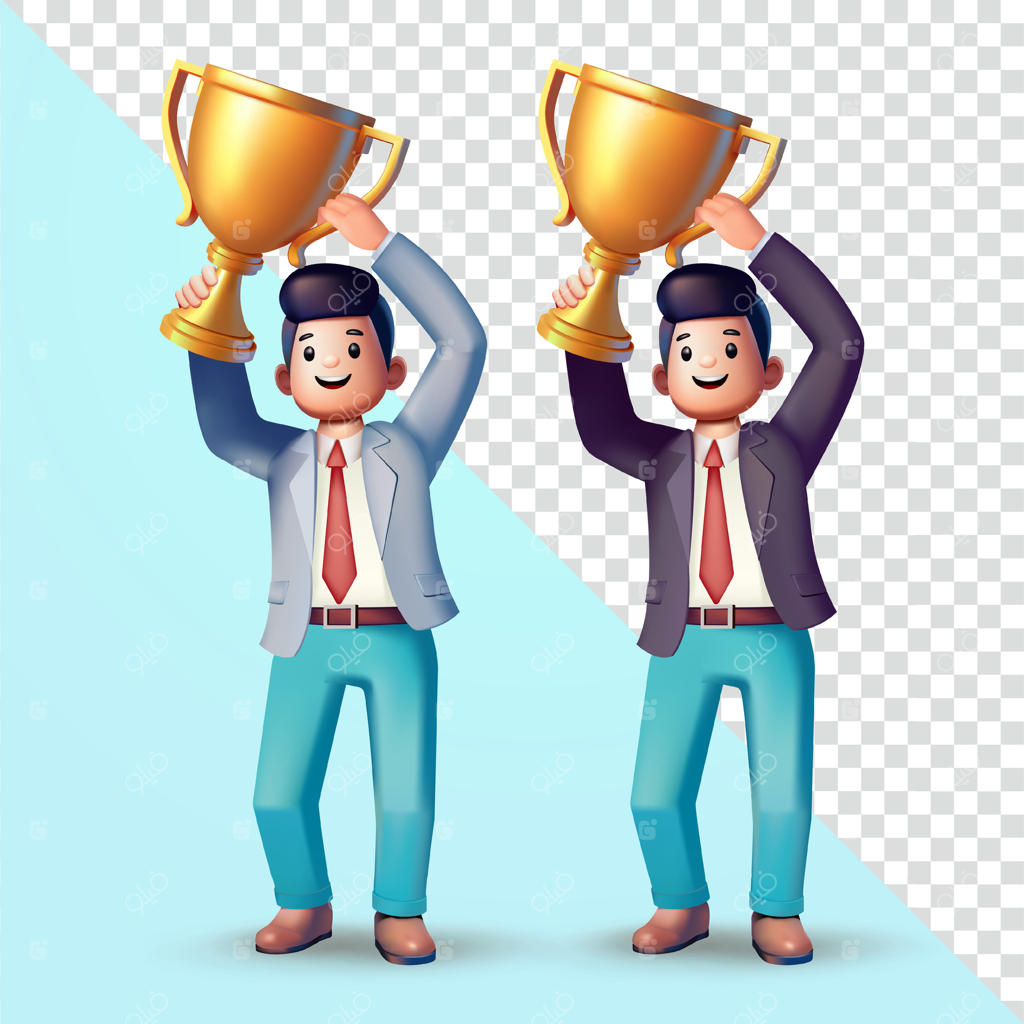 مرد اداری جام سه‌بعدی را بالا می‌برد، مناسب برای تجارت، موفقیت شغلی و عناصر طراحی