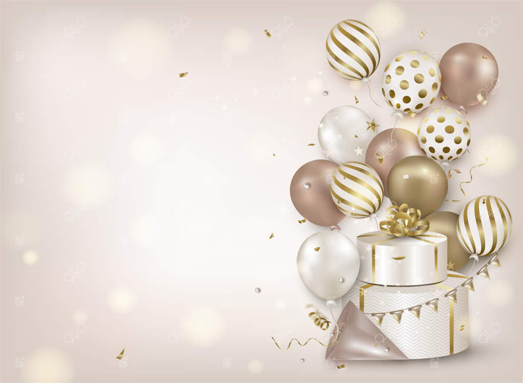 پس‌زمینه‌ی جشن با بادکنک‌های طلایی، کاغذهای رنگی در حال سقوط، جعبه‌ هدیه و نورها بر روی زمینه بژ.