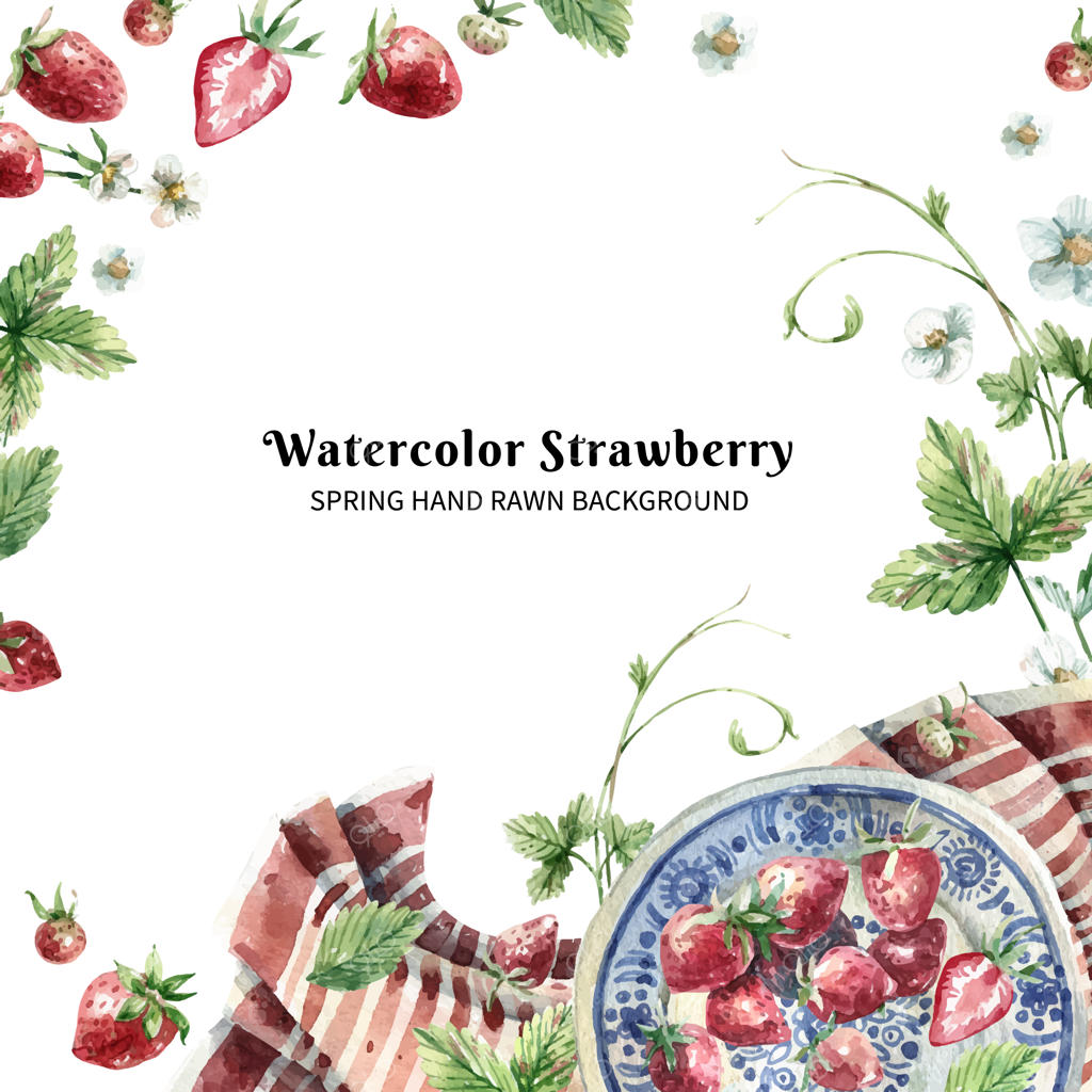 نقاشی آبرنگ دست ساز با یک بشقاب توت فرنگی