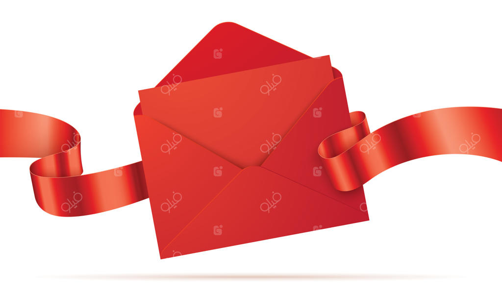 پاکت قرمز با نامه خالی و روبان موج‌دار در پس‌زمینه جدا شده است