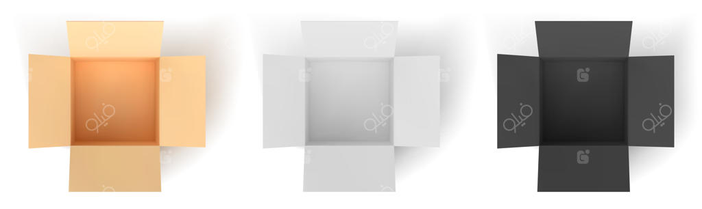 جعبه مقوایی: رنگارنگ، مشکی، سفید. جعبه‌های خالی و باز روی پس‌زمینه سفید. تصویر برداری.