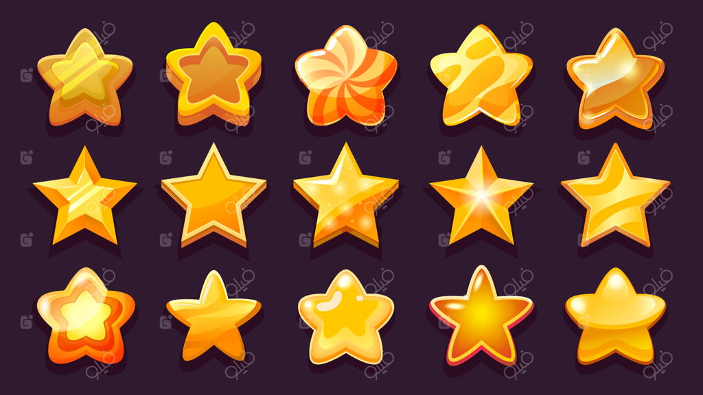 عناصر رابط کاربری بازی: ستاره‌های طلایی، برنزی و مسی برای موفقیت در بازی - مجموعه‌ای از نشانه‌های درخشان و براق، برای بازی‌های دو بعدی. مجموعه‌ای زیبا از المان‌های اینترفیس.