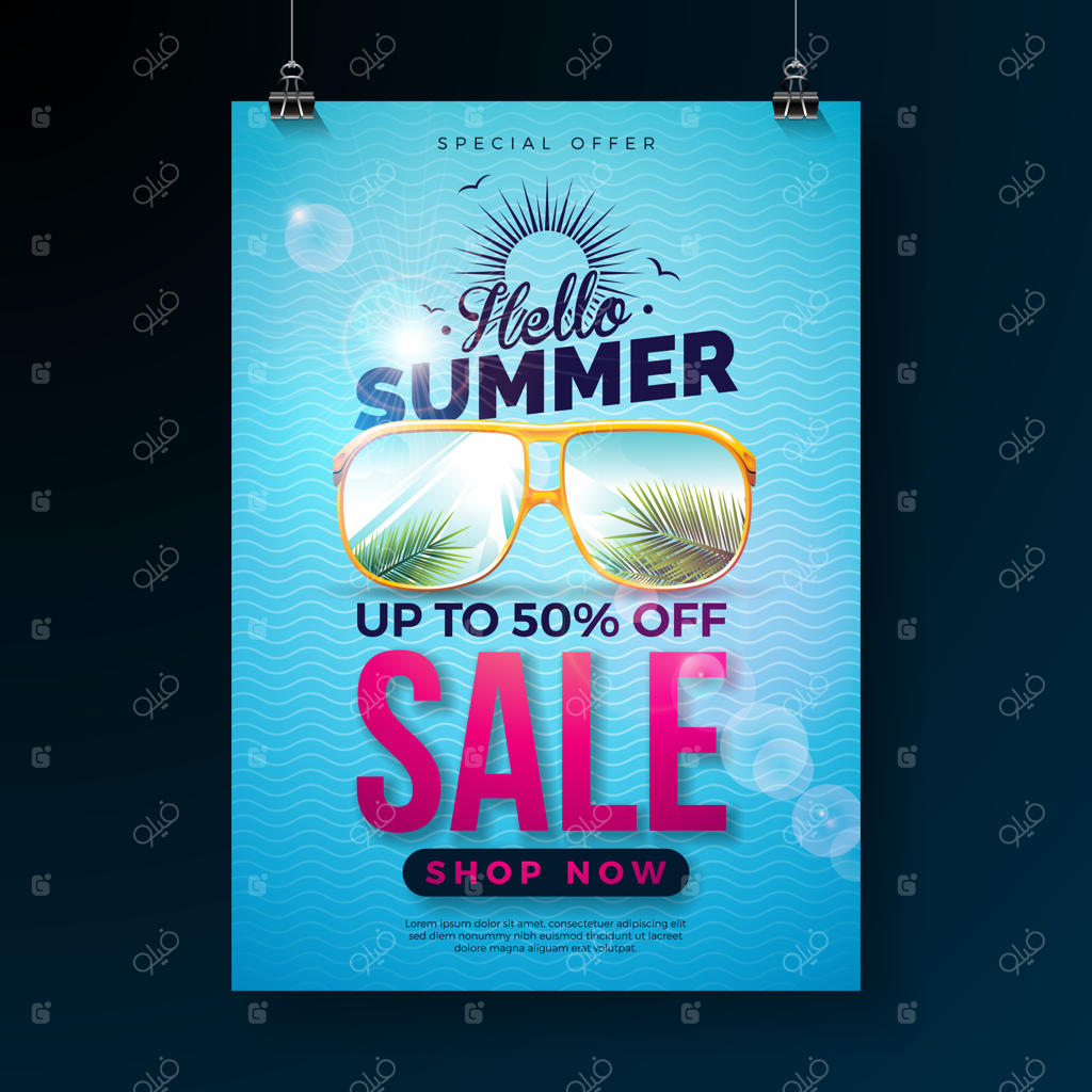 طراحی فروش تابستانی با حروف تایپوگرافی و برگ‌های نخل در عینک آفتابی روی زمینه آبی. پیشنهاد ویژه استوایی