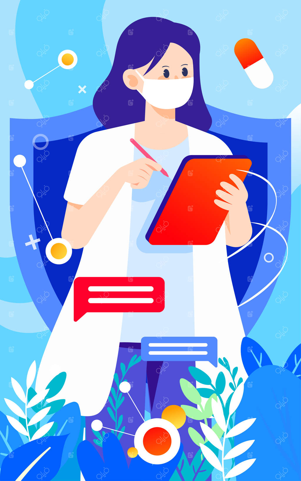 تصویر وکتور پزشک با ماسک در حال معاینه بیمار