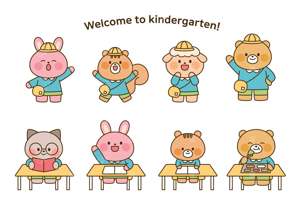 تصویری بامزه از شخصیت‌های حیوانی در مهدکودک با لباس مدرسه، در حال درس خواندن و بازی در کلاس. مناسب برای محتوای کودکانه، آموزش و موضوعات مرتبط با مدرسه.