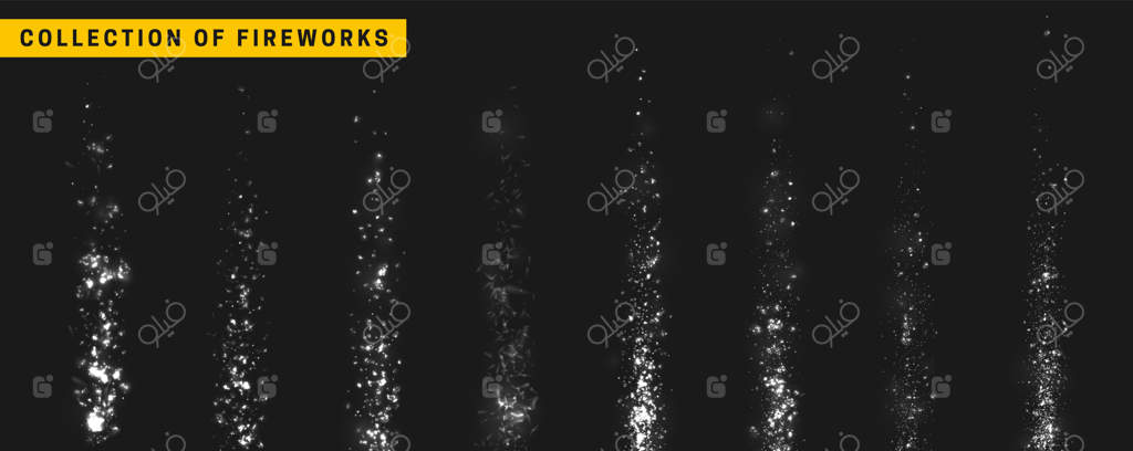 ترجمه: آتش‌بازی نقره‌ای جشنواره ای. جلوه نور سفید روی پس‌زمینه سیاه. طراحی واقعی. تصویر وکتور