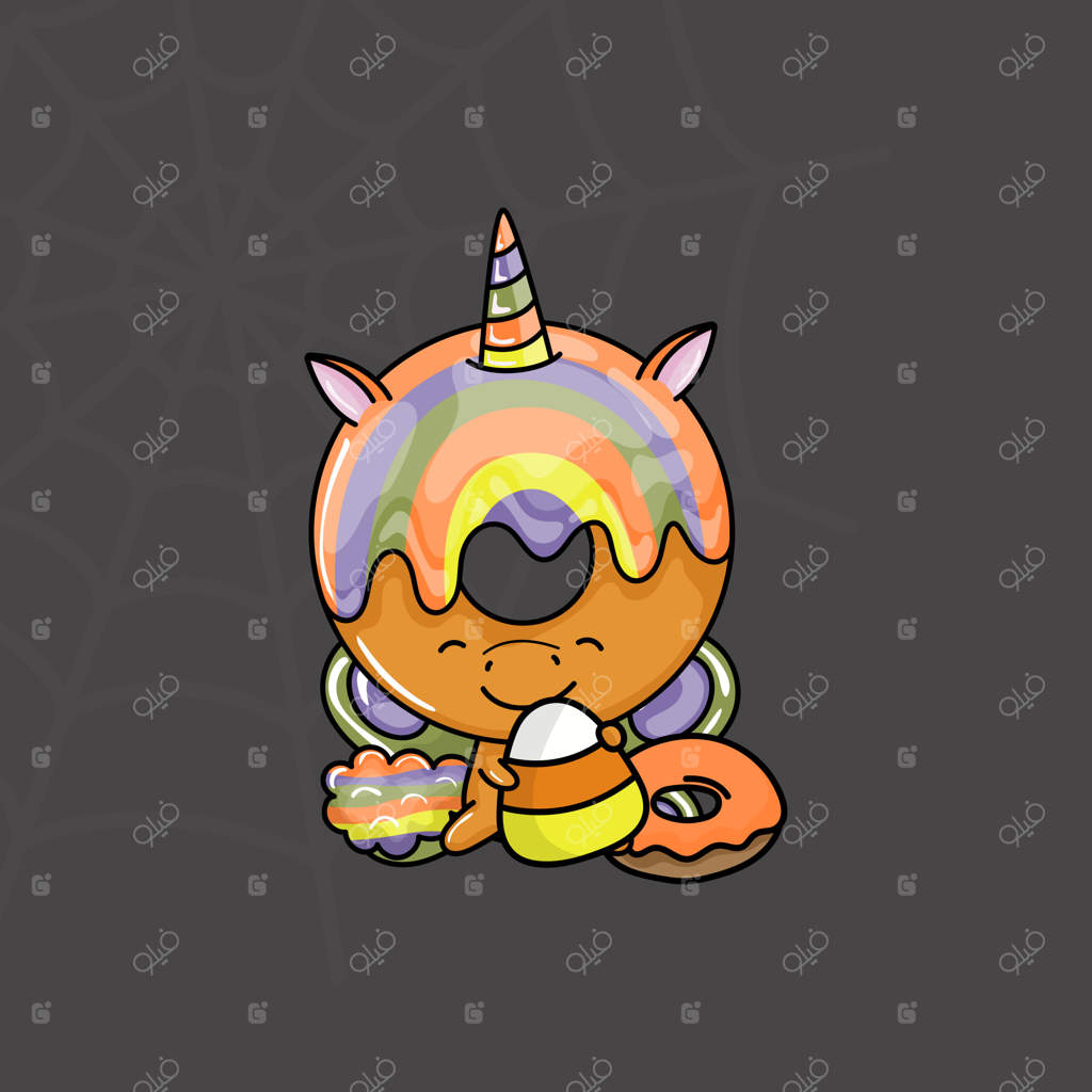 کلیپ‌آرت دونات تک‌شاخ هالووین رنگارنگ و سیاه و سفید. تک‌شاخ زیبای هالووینی.