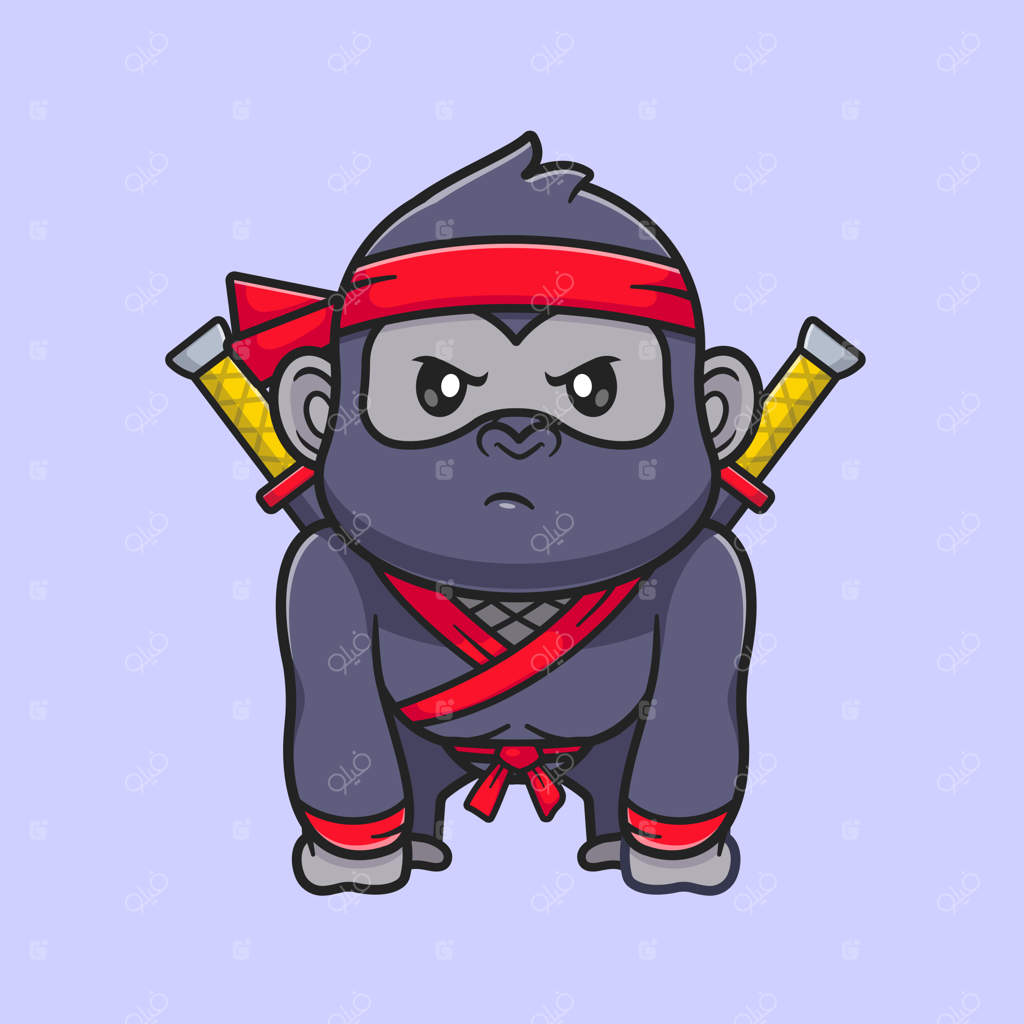 آیکون کارتونی نینجای گوریل بامزه با شمشیر. مفهوم آیکون تعطیلات حیوانات به صورت مجزا