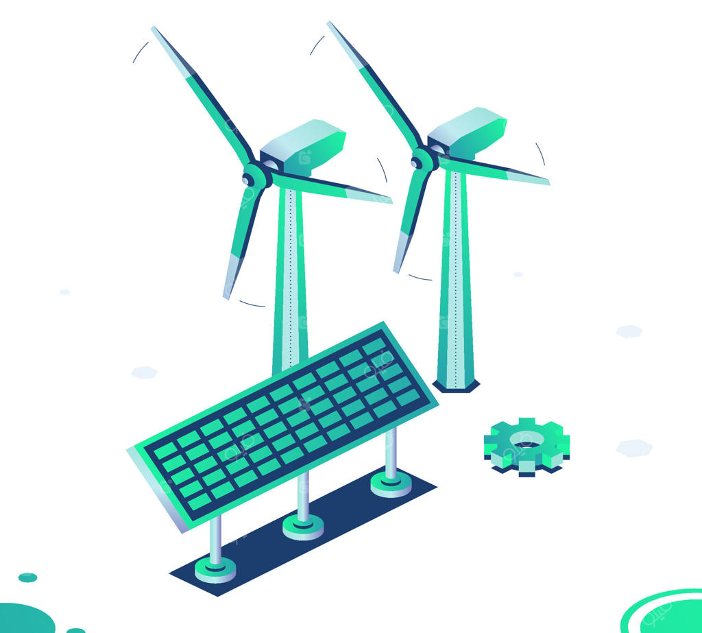 دو نیروگاه بادی و پنل خورشیدی ایزومتریک در پس‌زمینه سفید. تولید انرژی پاک و سبز. توربین‌های بادی. اشیاء.