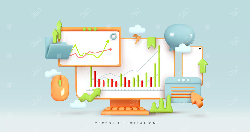 تحلیل داده‌های کسب‌وکار. بورس سرمایه‌گذاری. آمار مالی. گزارش اینفوگرافی مالی و تحلیل بازار. کامپیوتر رومیزی. ایده خلاقانه و واقع‌گرایانه سه‌بعدی. تصویرسازی وکتور