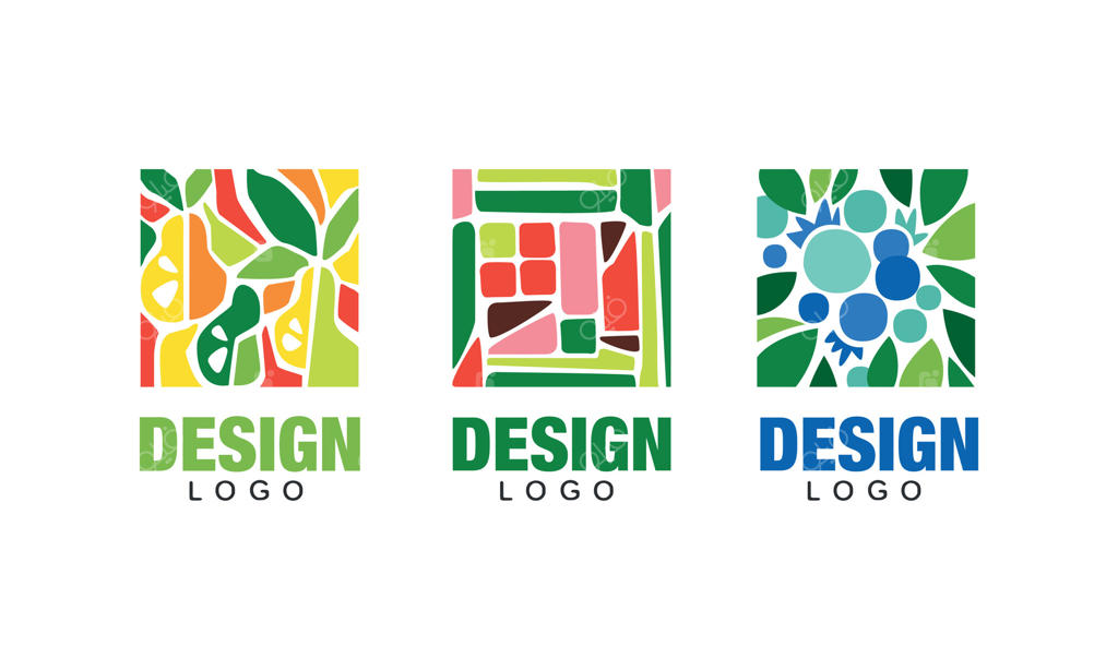 مجموعه طراحی لوگو با میوه‌های تازه، قالب‌های غذای گیاهی، برچسب‌های بسته‌بندی، بنر، پوستر و پس‌زمینه انتزاعی با طراحی زینتی گلابی و بلوبری