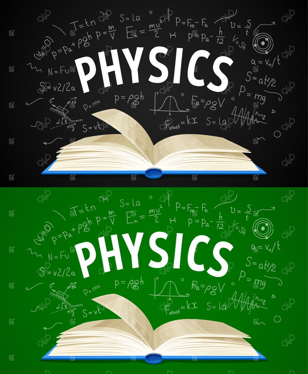 کتاب فیزیک، فرمول‌ها روی تخته سیاه مدرسه