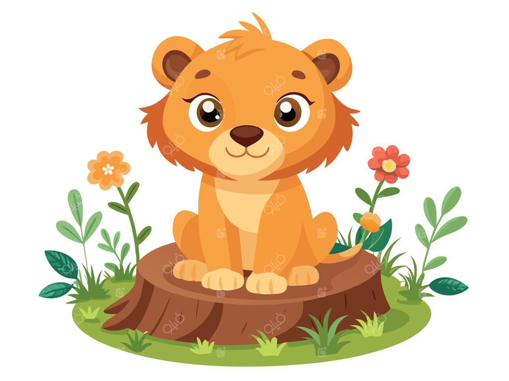 توله شیر بامزه نشسته روی کنده درخت با پس‌زمینه سفید