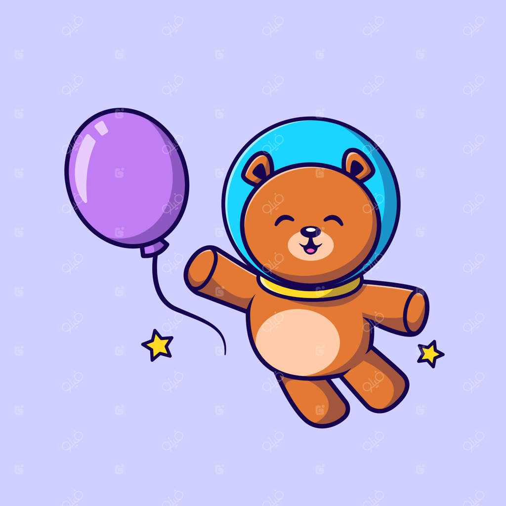 تصویر کارتونی ای از خرس تدی فضانورد بامزه در حال گرفتن بادکنک ستاره‌ای - نماد تصویر حیوانات و طبیعت
