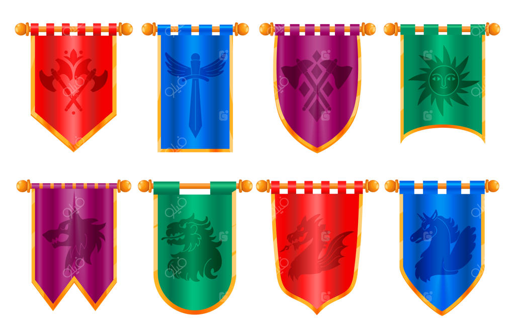 پرچم‌ سلطنتی قرون وسطی: مجموعه‌ای از پرچم‌های کلاسیک ویکتوریایی با نشان‌های شوالیه‌های باستانی برای طراحی اپلیکیشن‌های بازی