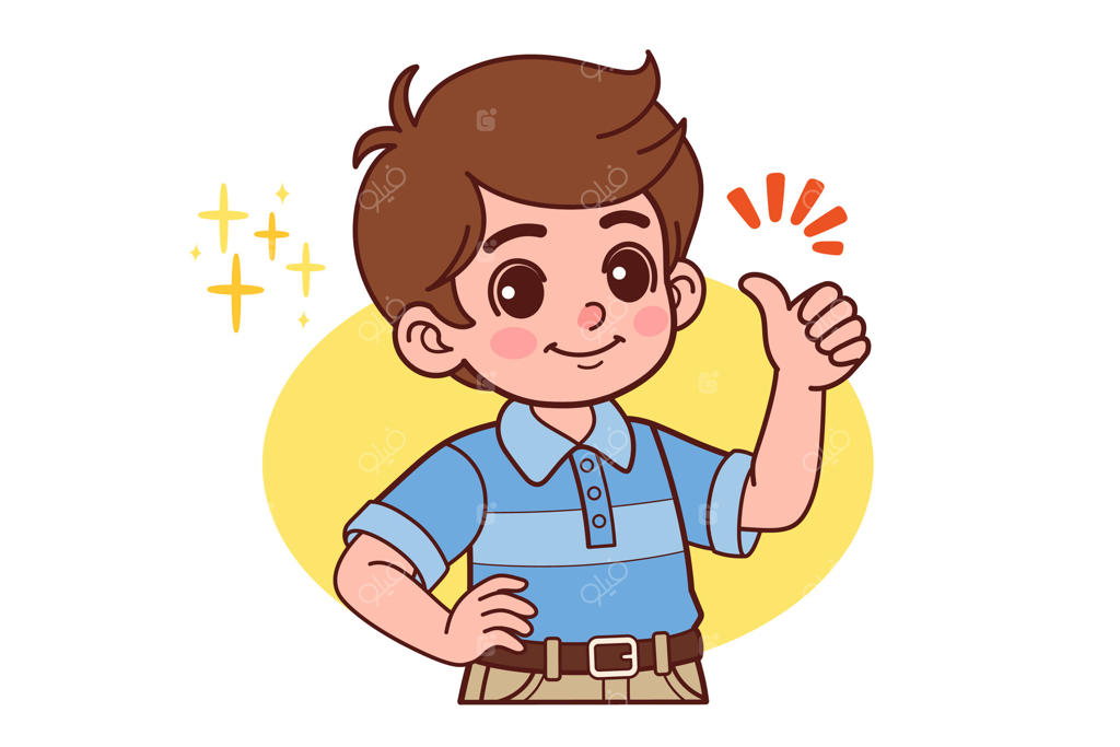 پسر نوجوان در حال لایک دادن و اعلام موافقت با انگشت شست؛ نماد تایید، پاسخ مثبت و توصیه برای تبلیغات. کاراکترهایی با طراحی تخت.