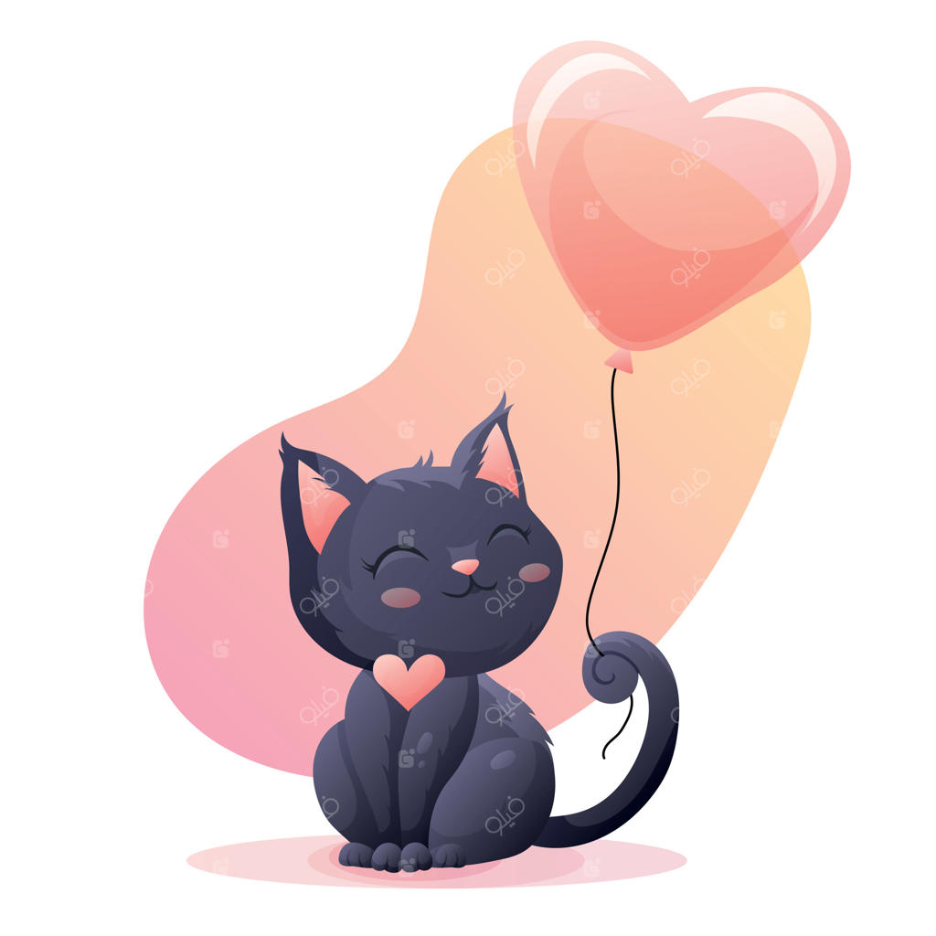تصویر یک گربه سیاه بامزه با بادکنک قلبی روی زمینه سفید