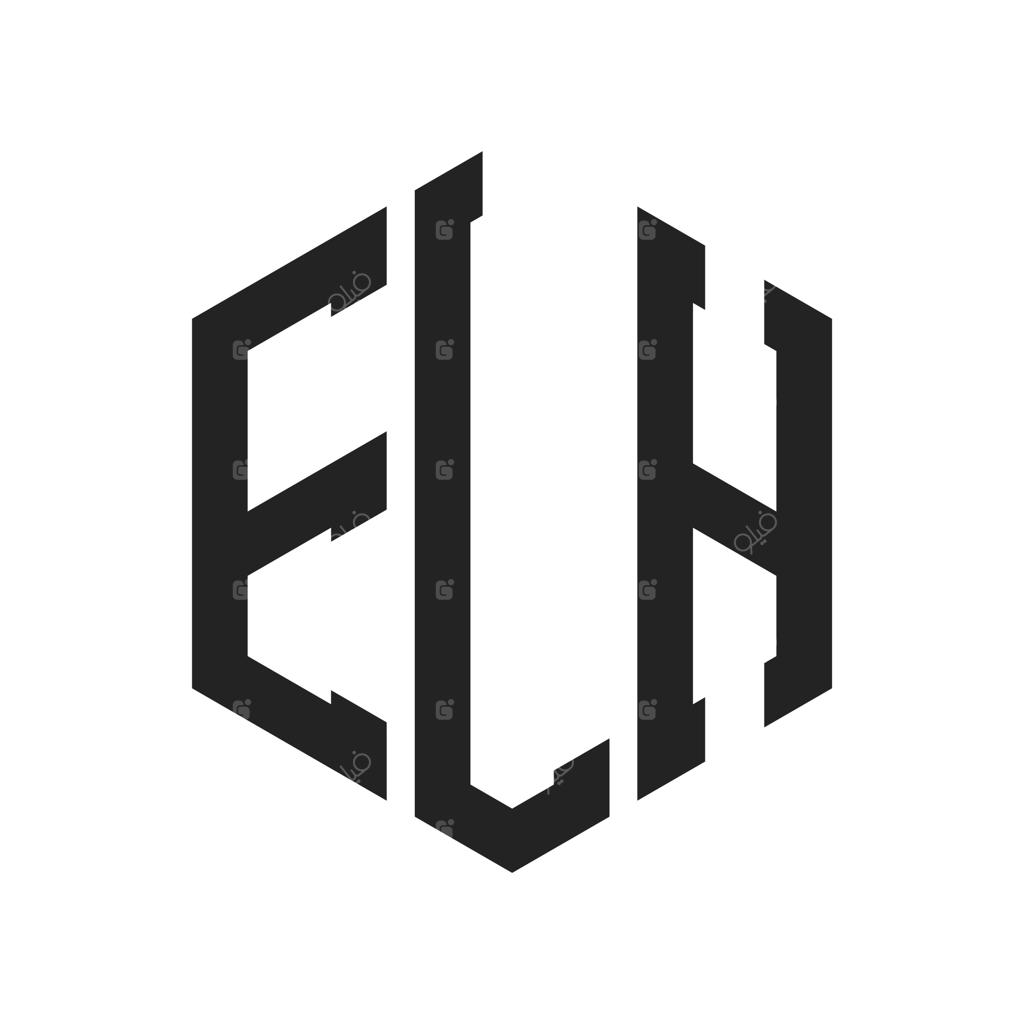 طراحی لوگوی مونوگرام ELH با حروف ابتدایی و شکل شش‌ضلعی