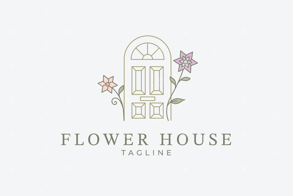 لوگوی خانه با گل و درب: نمادی از خانه با طرح گلبرگ‌ها