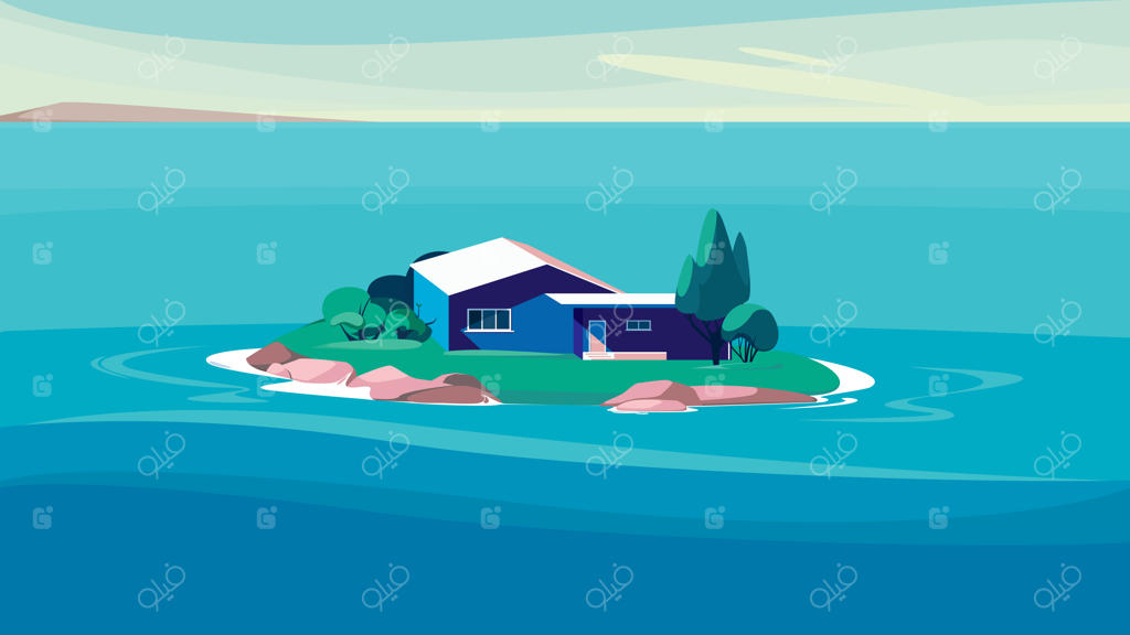 منظره دریا با خانه آبی روی جزیره