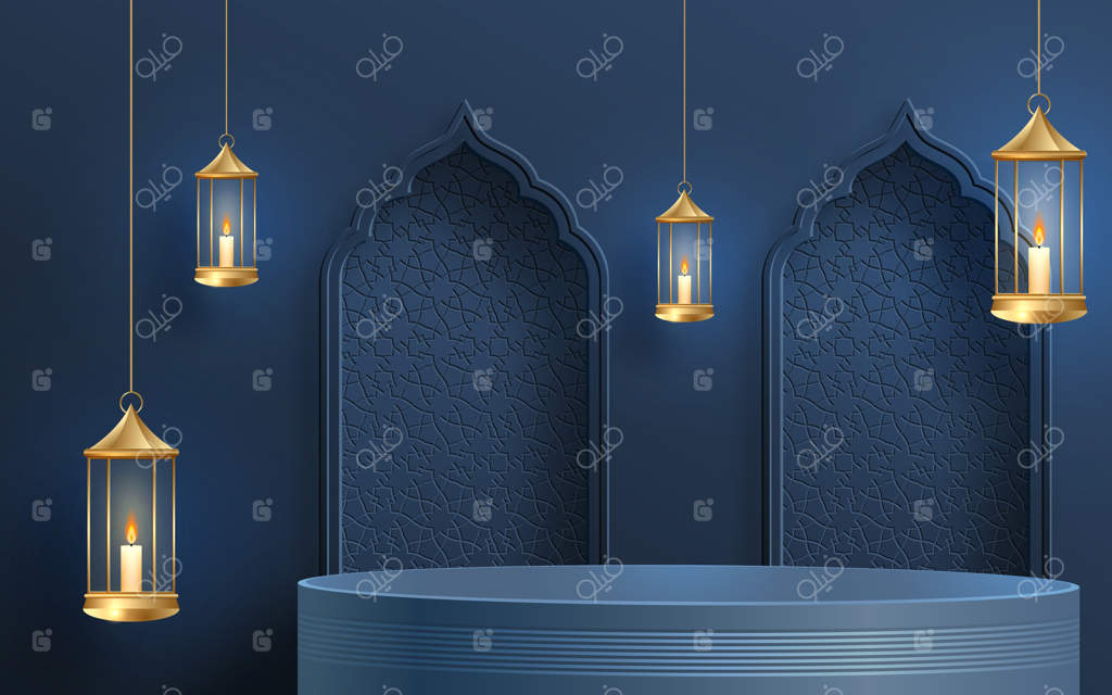 سکوی سه‌بعدی اسلامی برای عید مبارک، رمضان کریم، محرم و افطار در پس‌زمینه رنگارنگ