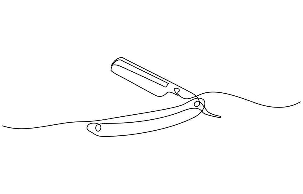 نقاشی تک خطی مداوم تیغ سلمانی قدیمی، تیغ اصلاح قدیمی روی پس‌زمینه سفید. مفهوم آرایشگاه