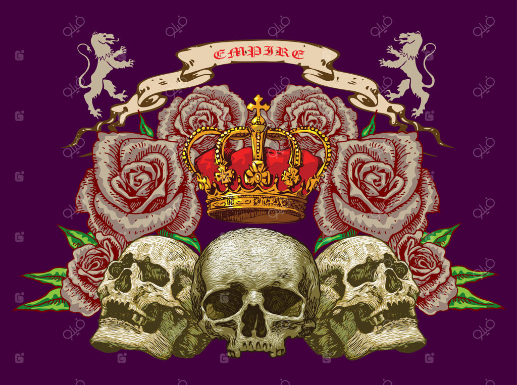 نشان سلطنتی با جمجمه‌ها و گل‌های سرخ به سبک تاتو هنری