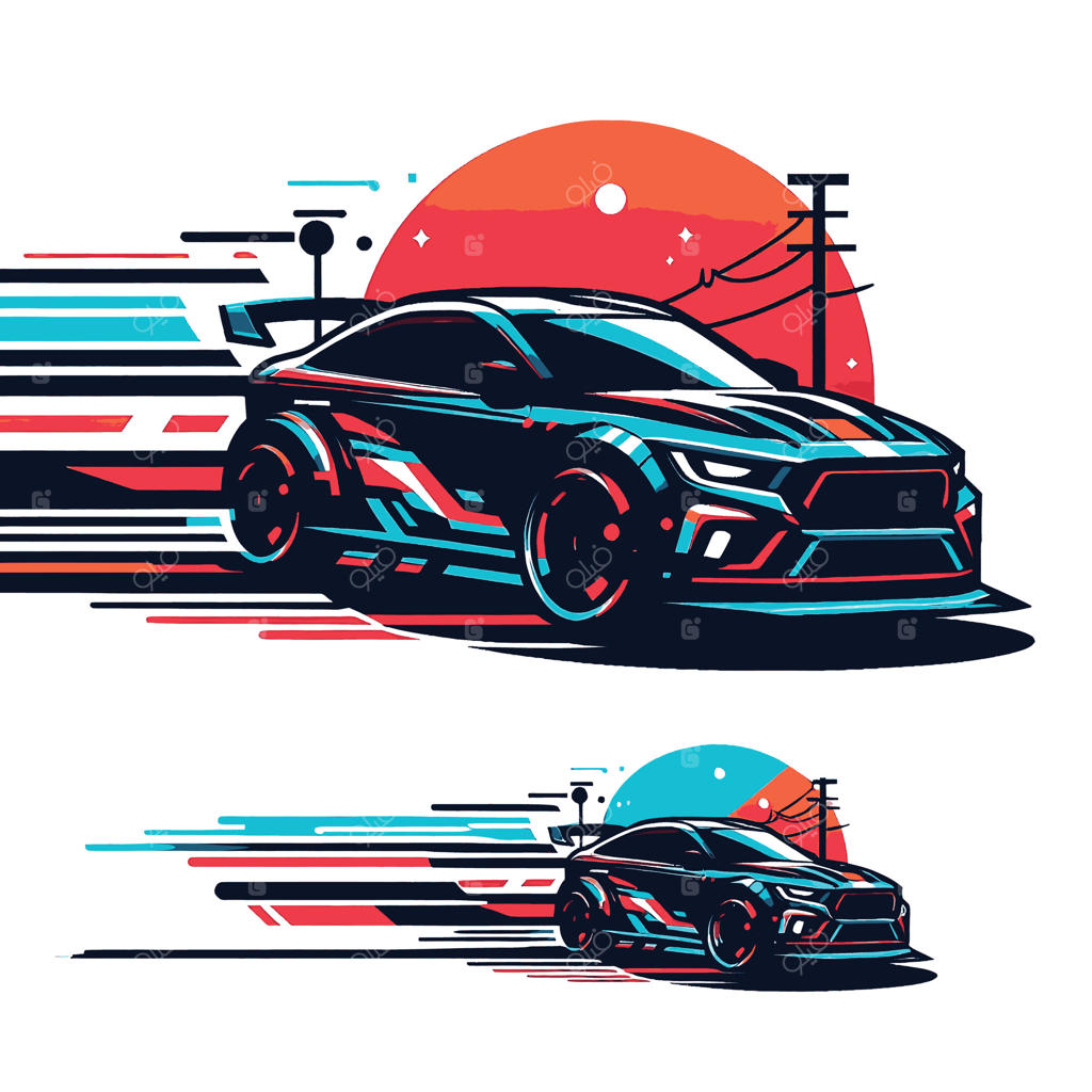 یک ماشین مسابقه با پس‌زمینه قرمز و آبی