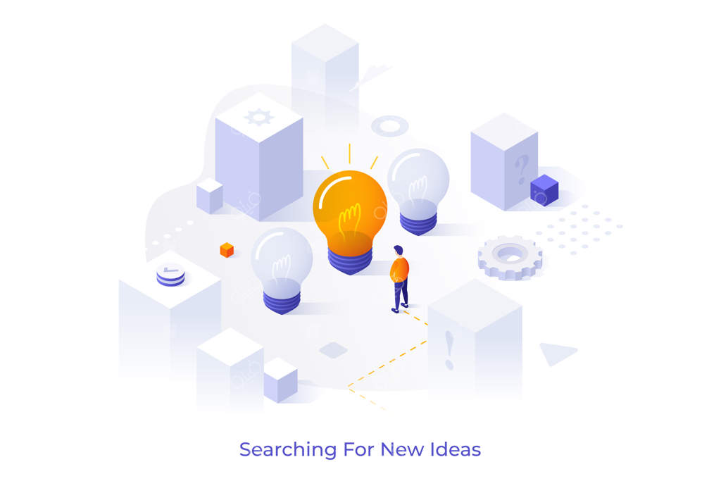 الگوی مفهومی با فردی در مقابل لامپ بزرگ: صحنه‌ای برای جستجوی ایده‌ها و نوآوری‌های جدید تکنولوژی. تصویر ایزومتریک مدرن برای تبلیغات.