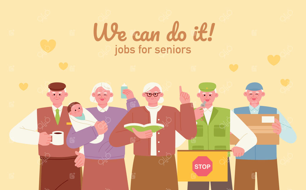 بنر تبلیغاتی شغل‌های سالمندان. مجموعه‌ای از شخصیت‌های مسن با مشاغل مختلف.